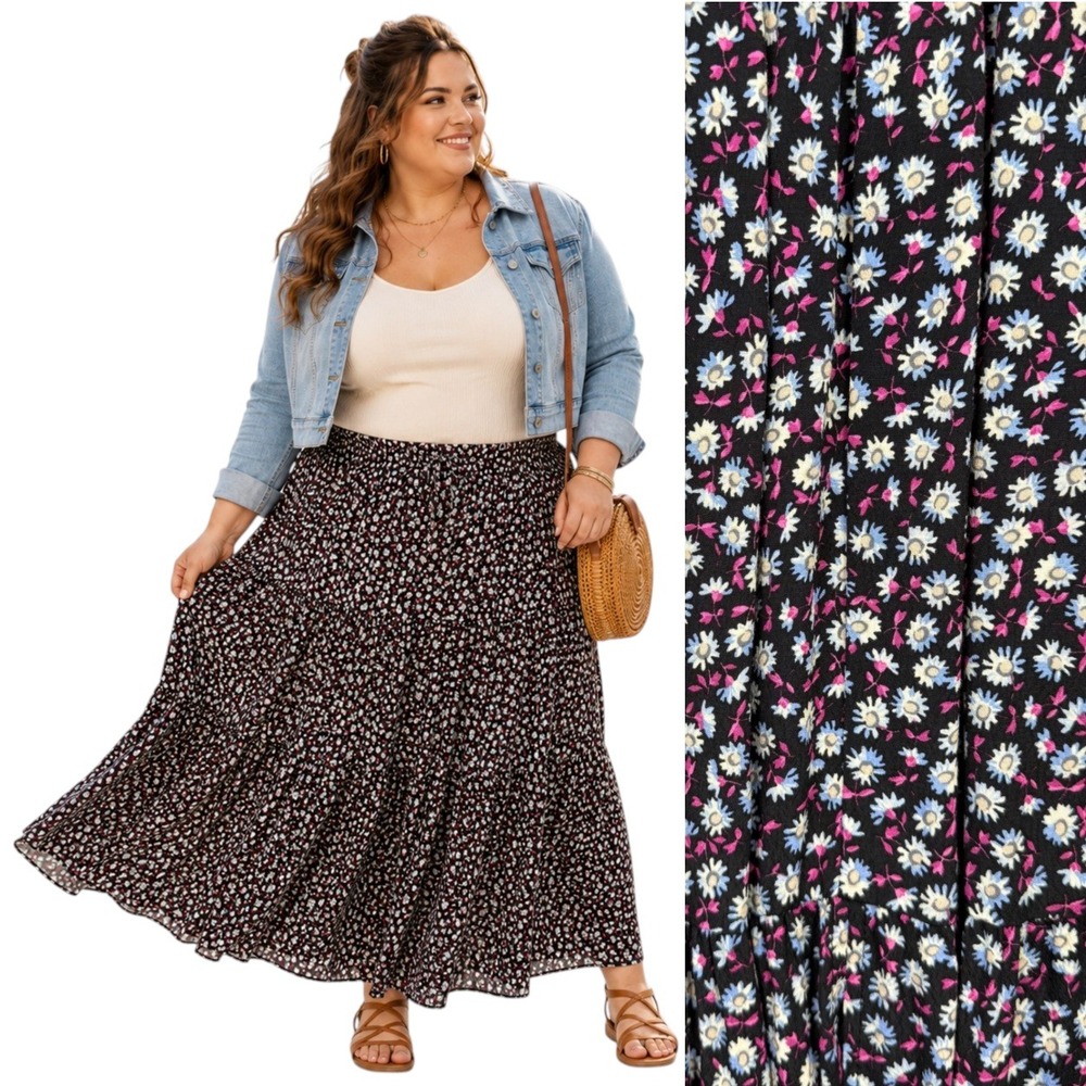 Karen Kane Black Floral Tiered Midi Skirt Drawstring Boho Cottagecore Size 3X